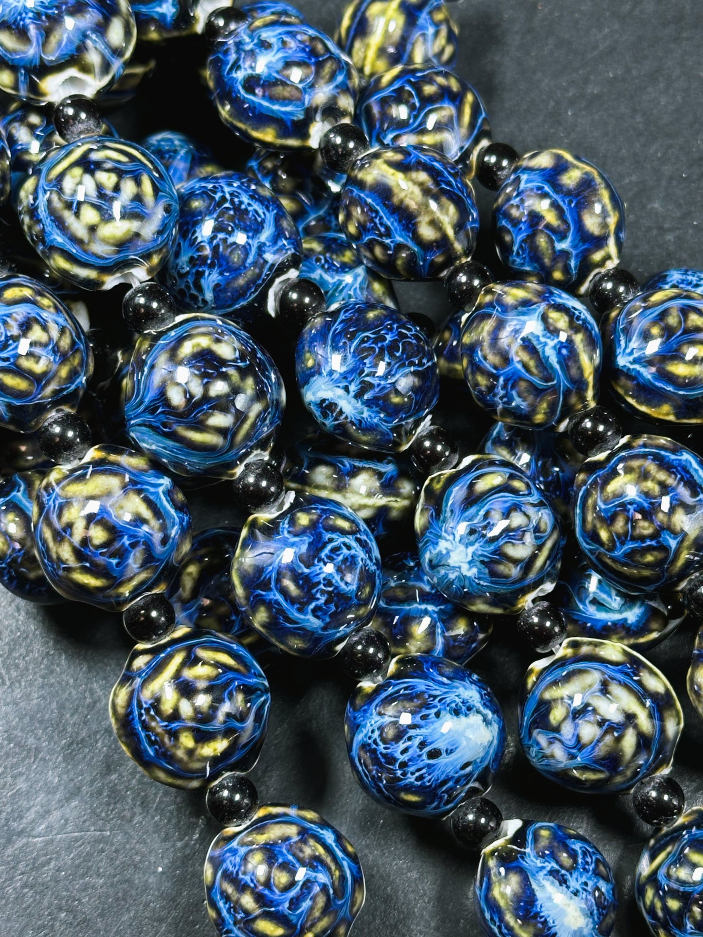 Beautiful Hand Painted Porcelain Beads, 18mm Unique Hand Painted Blue Porcelain Round Shape Beads, Gorgeous Blue Color Porcelain Bead 9"