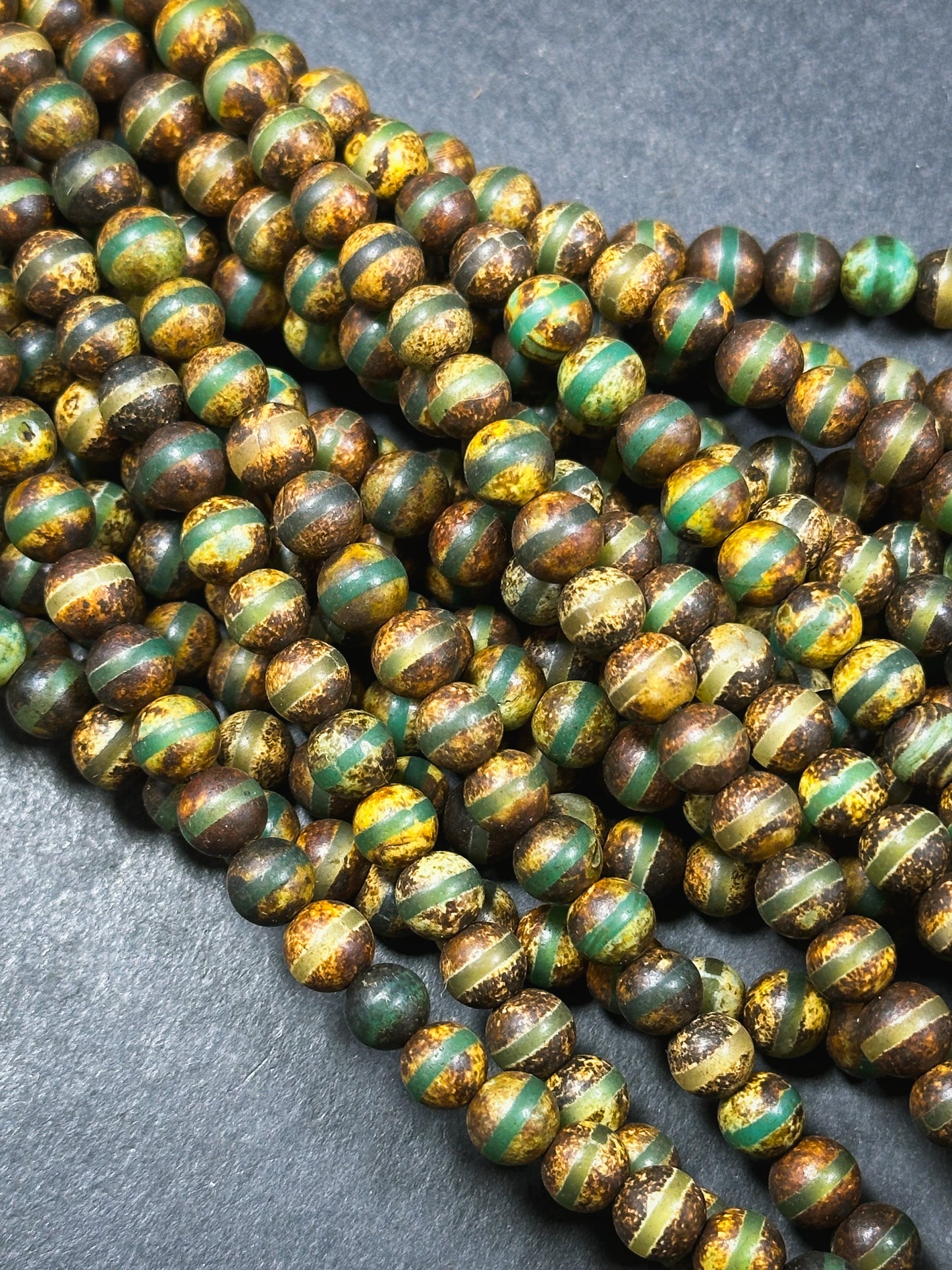 Natural Tibetan Agate Gemstone Bead 6mm Round Beads, Beautiful Brown Green Line Design Tibetan Agate Gemstone Beads, Full Strand 15.5”
