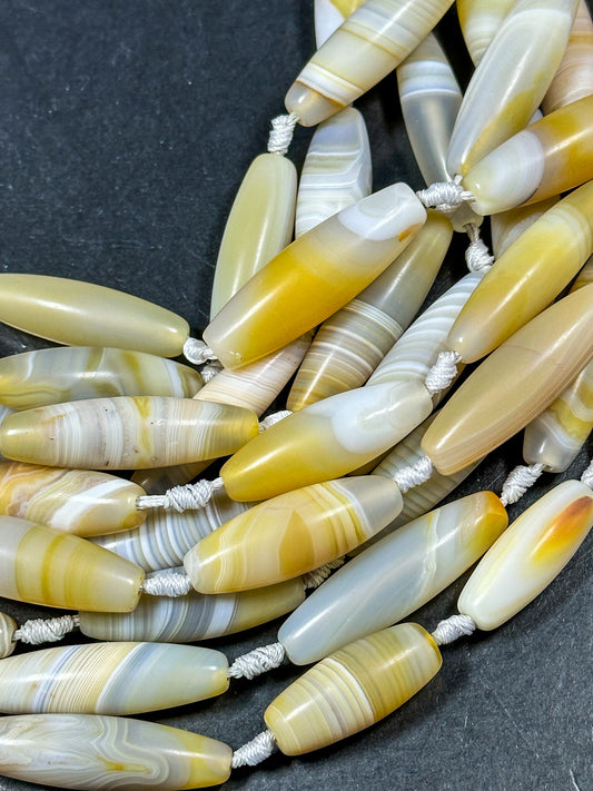NATURAL Botswana Agate Gemstone Bead 38x12mm to 45x13mm Barrel Shape Beads, Beautiful White Yellow Color Botswana Beads Full Strand 15.5"