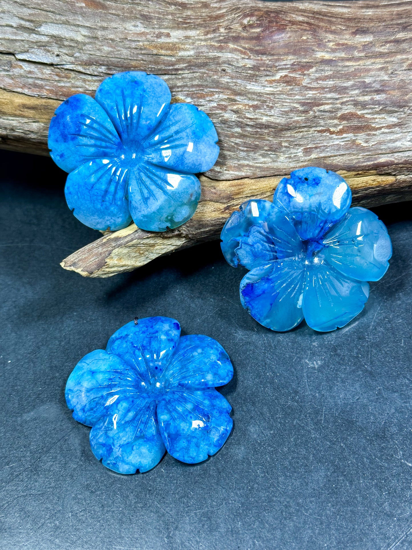 NATURAL Hand Carved Blue Cherry Blossom Flower Agate Gemstone Pendant 54mm Flower Shape, Gorgeous Blue Color Cherry Blossom Loose Pendant