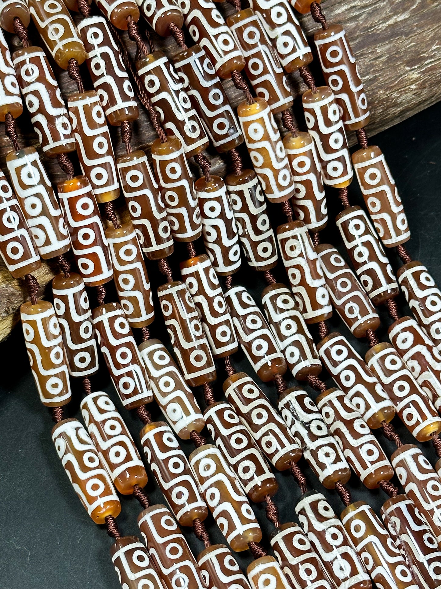 Natural Hand Painted Tibetan Gemstone Bead 30x10mm Tube Shape, Beautiful Brown White Color Tibetan Gemstone Bead Full Strand 15.5"