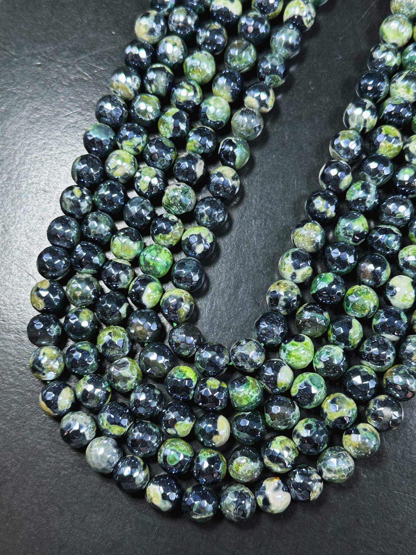 Mystic Natural Tibetan Agate Gemstone Bead Faceted 8mm 10mm Round Beads, Beautiful Mystic Green Black Agate Stone Beads, Full Strand 15.5"
