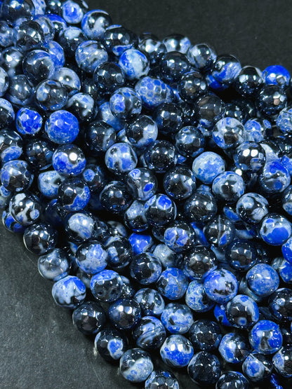 Mystic Natural Tibetan Agate Gemstone Bead Faceted 8mm 10mm Round Beads, Beautiful Mystic Blue Black Agate Stone Beads, Full Strand 15.5"