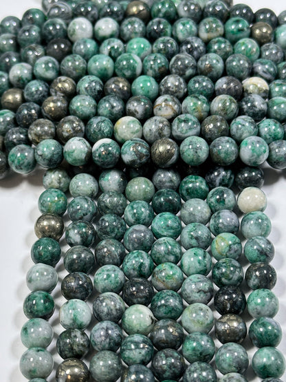 NATURAL Pyrite in Green Jade Gemstone Bead 6mm 8mm 10mm Round Beads. Gorgeous Green Color Copper Ore Gemstone Loose Beads Full Strand 15.5"