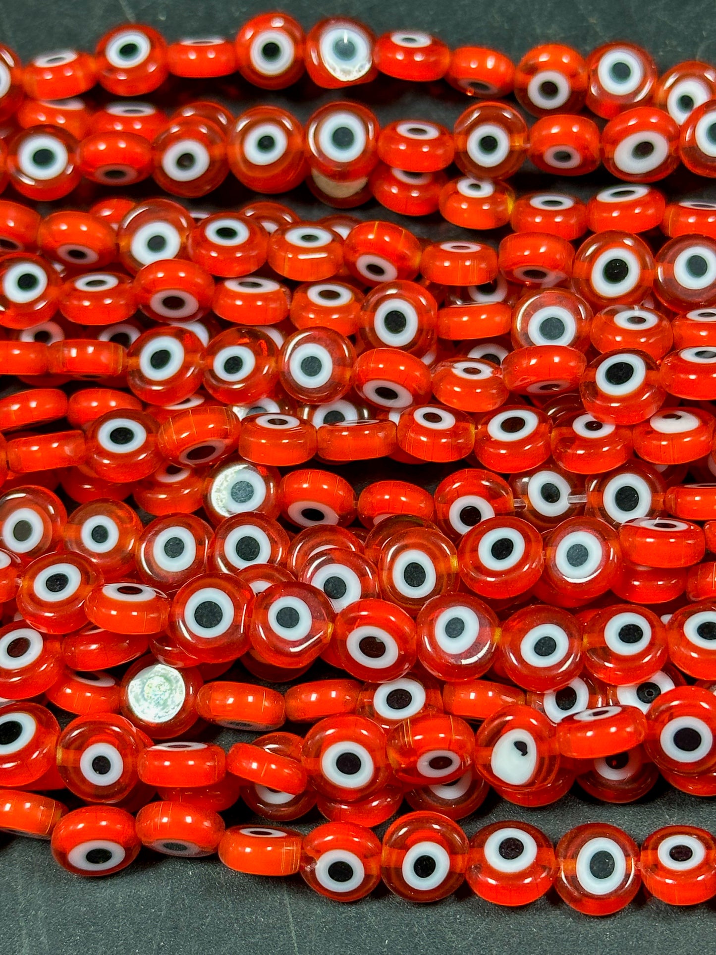 Beautiful Evil Eye Glass Beads 8mm Flat Coin Shape, Beautiful Red Orange Color Evil Eye Beads, Religious Amulet Prayer Beads, Great Quality