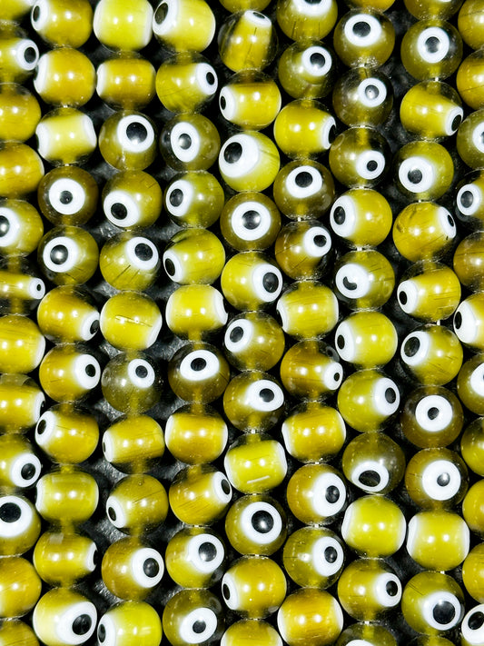 Beautiful Dark Yellow Evil Eye Glass Beads 10mm Round Beads, Beautiful Dark Yellow Evil Eye Amulet Glass Beads, Full Strand Glass Beads