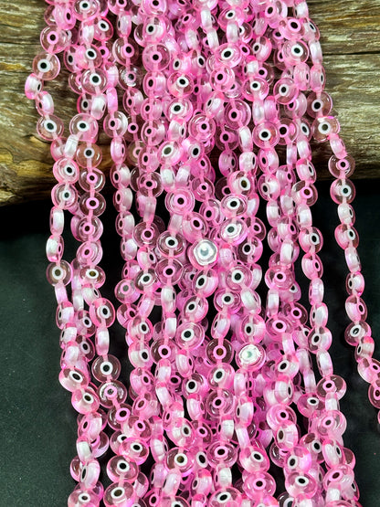 Beautiful Evil Eye Glass Beads 6mm 8mm 10mm Flat Coin Shape, Beautiful Pink Clear Color Evil Eye Glass Beads, Religious Amulet Prayer Beads