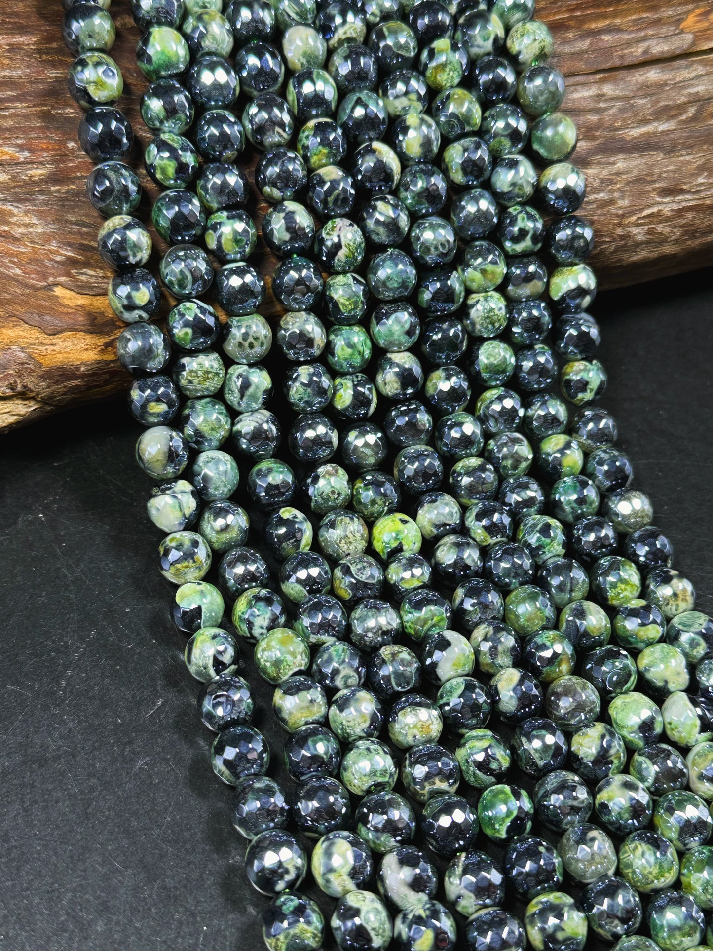Mystic Natural Tibetan Agate Gemstone Bead Faceted 8mm 10mm Round Beads, Beautiful Mystic Green Black Agate Stone Beads, Full Strand 15.5"