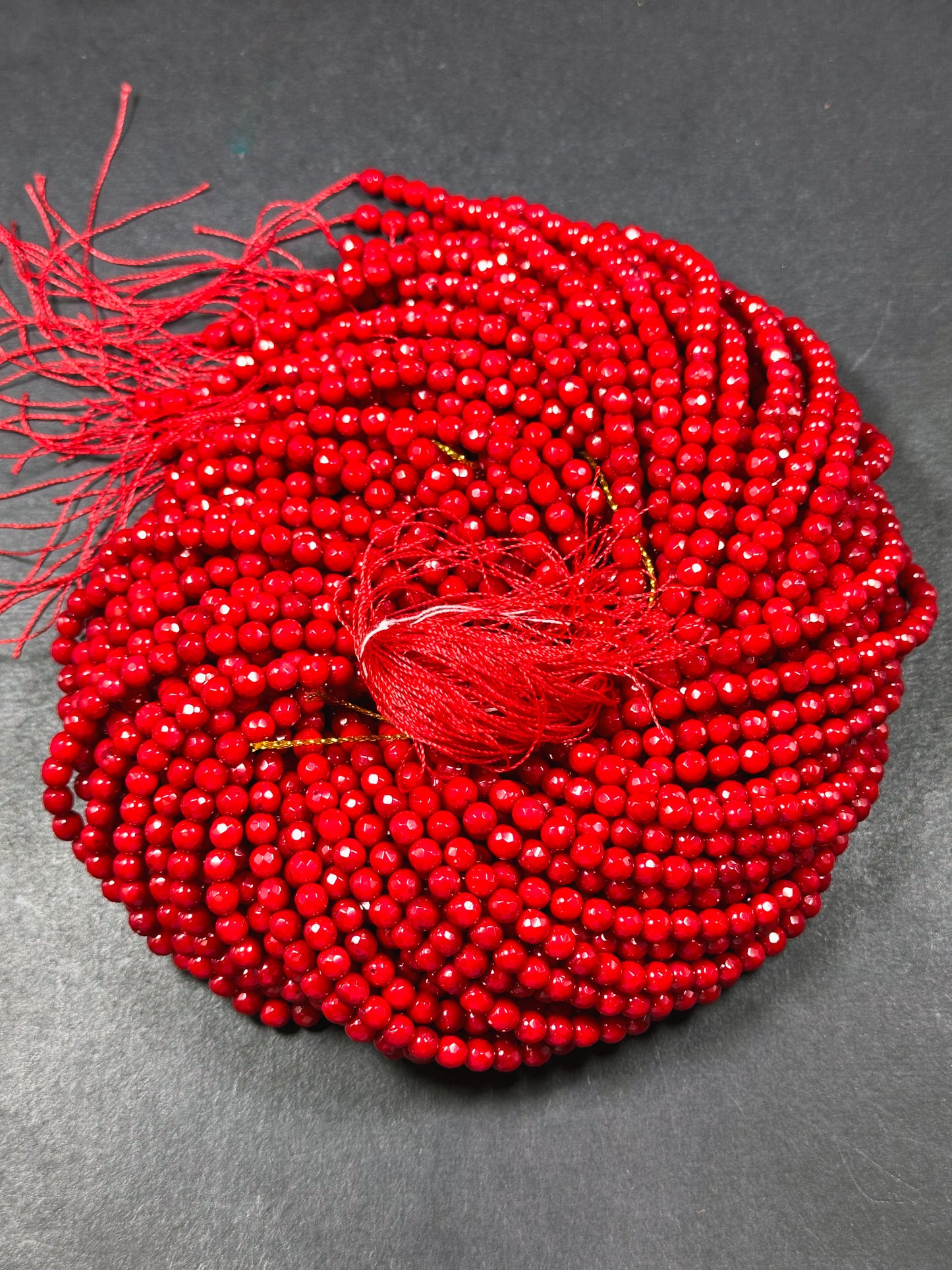Natural Red Coral Gemstone Bead Faceted 3mm 5mm Round Beads, Beautiful Natural Red Color Bamboo Coral Gemstone Beads, Great Quality 15.5"
