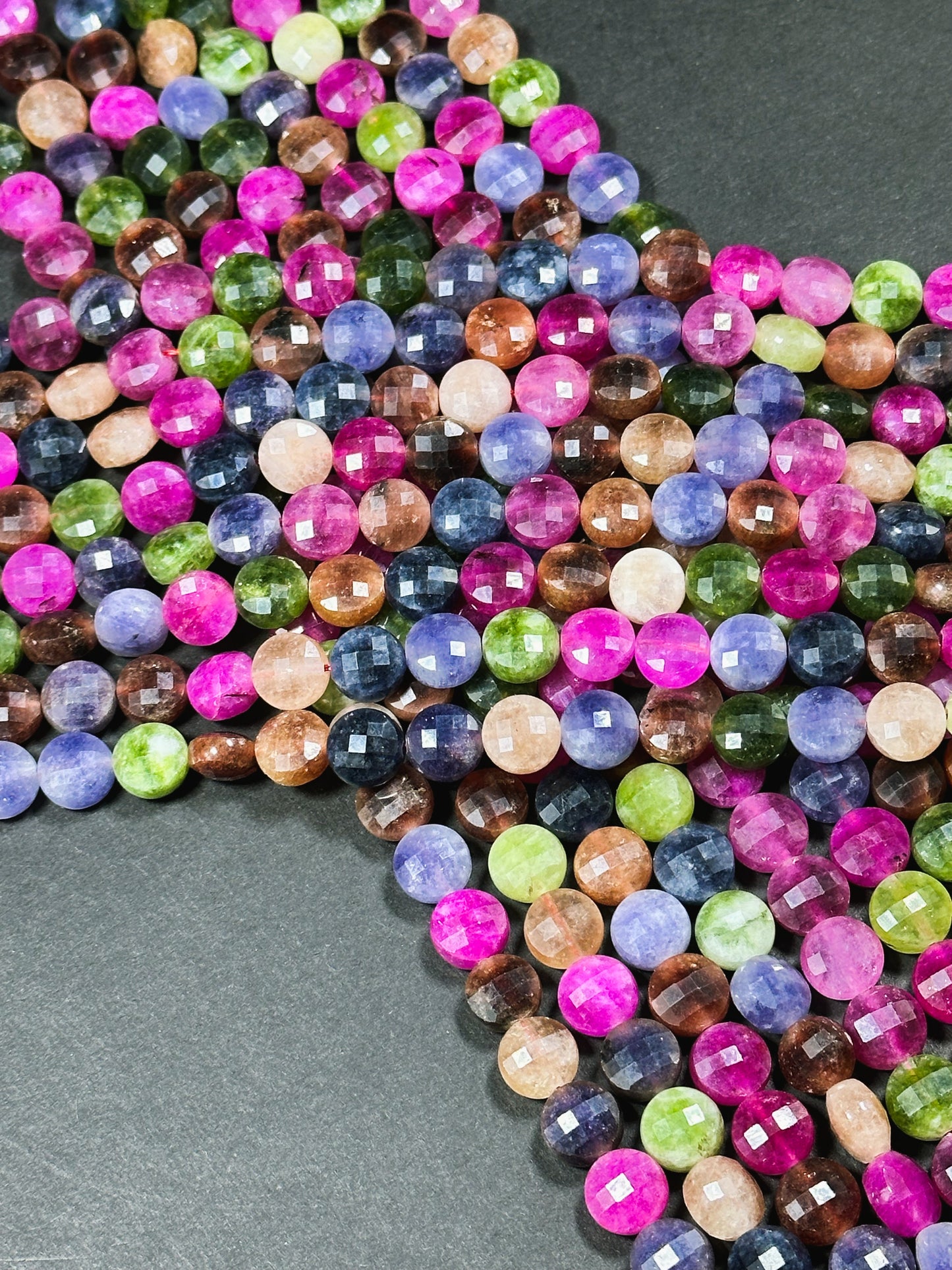 Natural Tourmaline Quartz Gemstone Bead Faceted 6mm 8mm 10mm Coin Shape, Beautiful Multicolor Tourmaline Beads, Excellent Quality Full Strand 15.5"