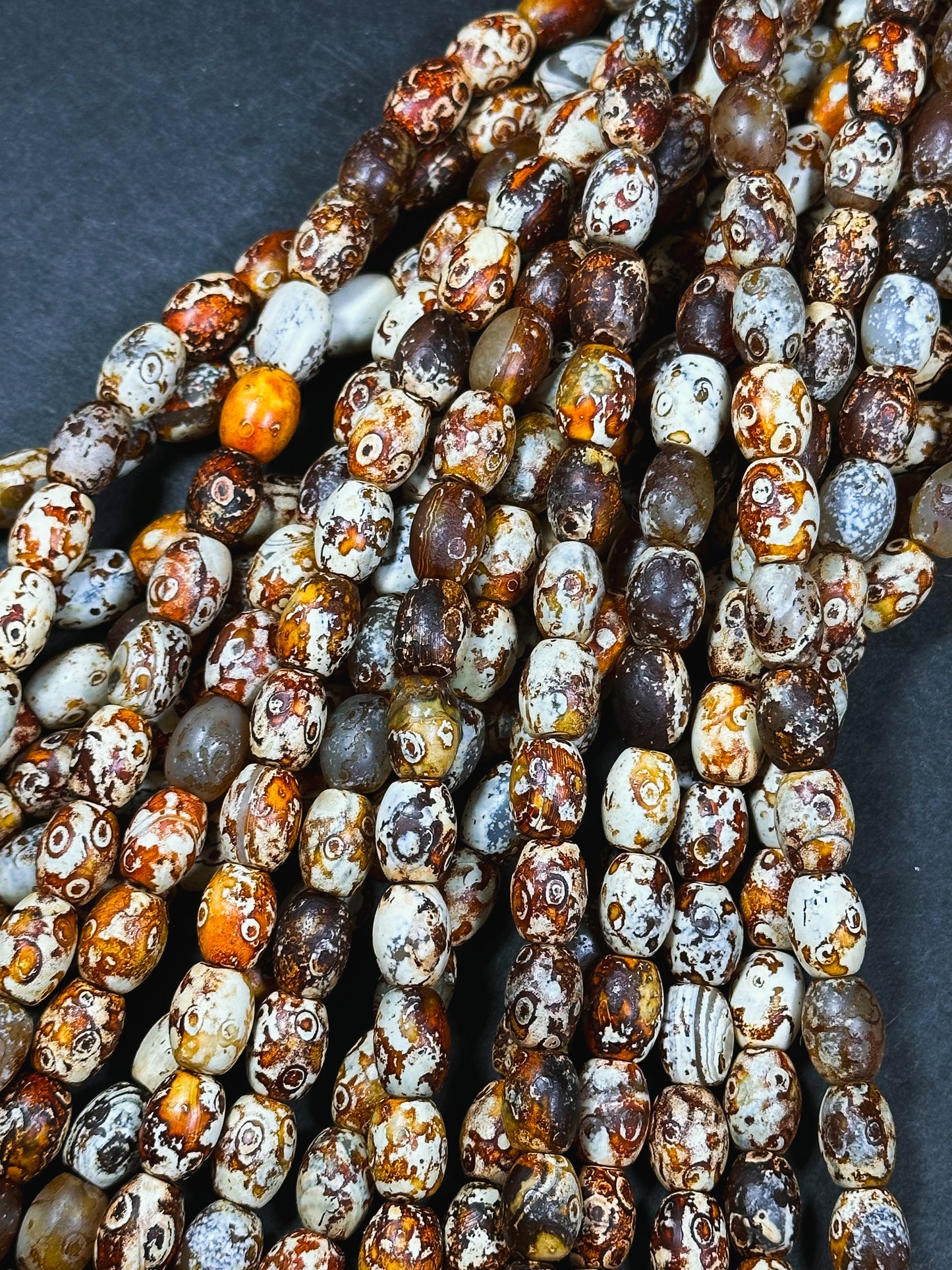 AAA Natural Tibetan Gemstone Bead 13x10mm Barrel Shape, Beautiful Orange Brown Hand Painted Tibetan Stone Bead, Excellent Quality 14" Strand