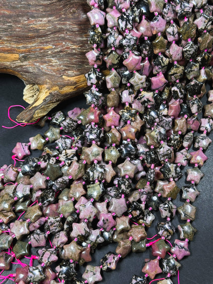 Natural Rhodonite Gemstone Bead 15mm Star Shape Bead, Beautiful Natural Pink Black Color Rhodonite Bead, Excellent Quality Full Strand 15.5"