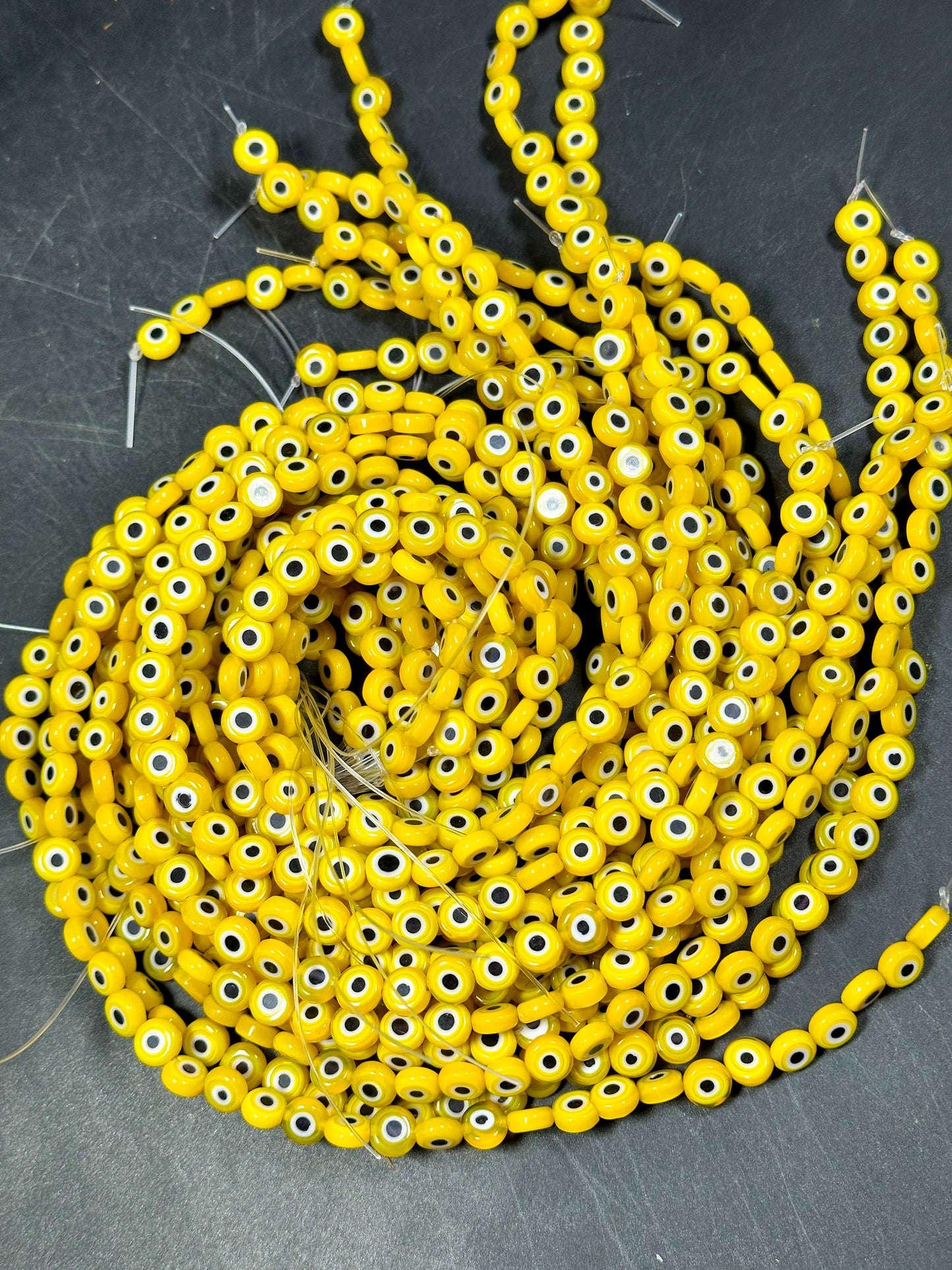 Beautiful Evil Eye Glass Beads 8mm Flat Coin Shape, Beautiful Yellow Color Evil Eye Beads, Religious Amulet Prayer Beads, Great Quality Bead
