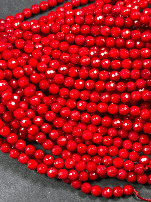 Natural Red Coral Gemstone Bead Faceted 3mm 5mm Round Beads, Beautiful Natural Red Color Bamboo Coral Gemstone Beads, Great Quality 15.5"