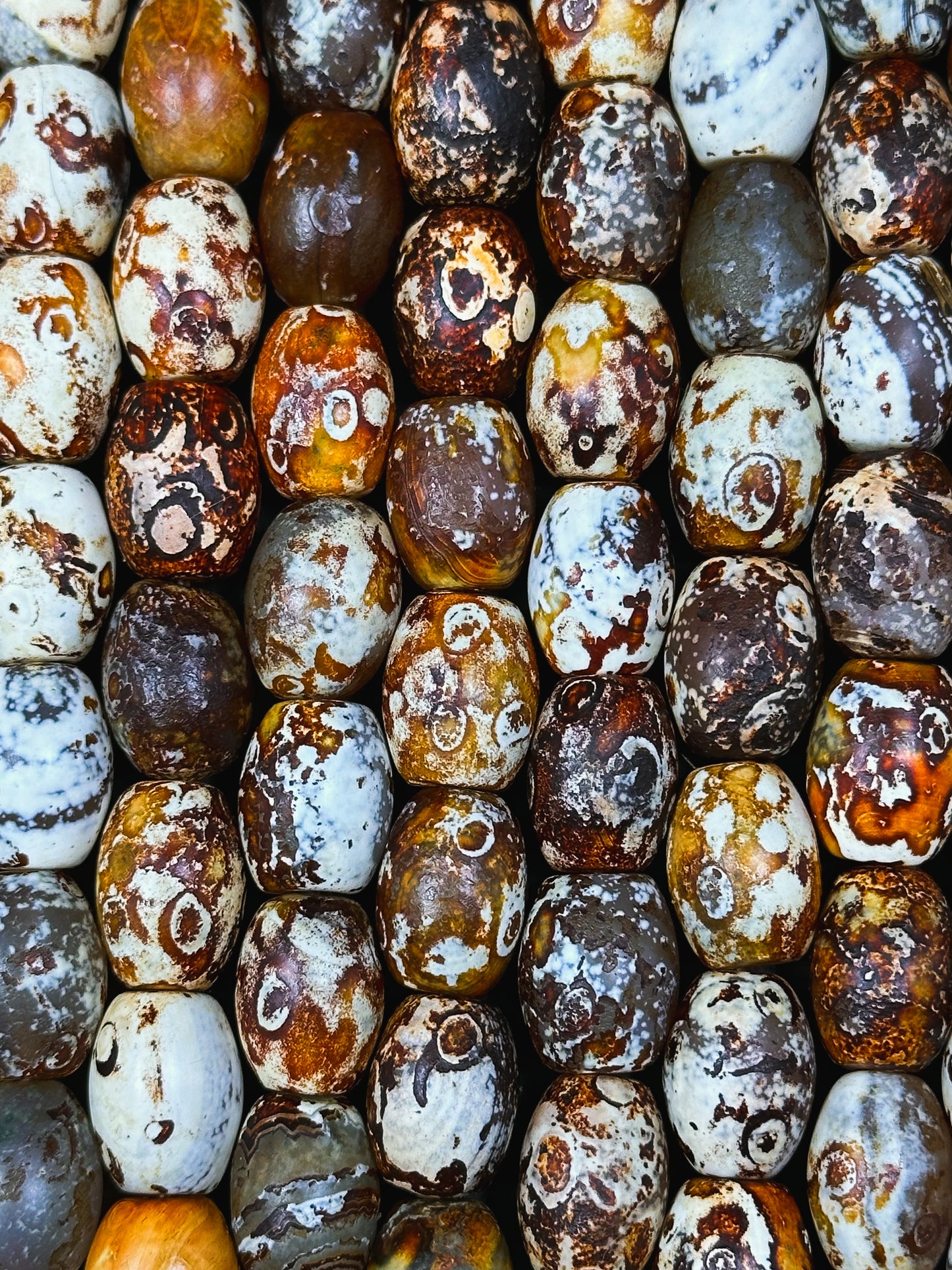 AAA Natural Tibetan Gemstone Bead 13x10mm Barrel Shape, Beautiful Orange Brown Hand Painted Tibetan Stone Bead, Excellent Quality 14" Strand