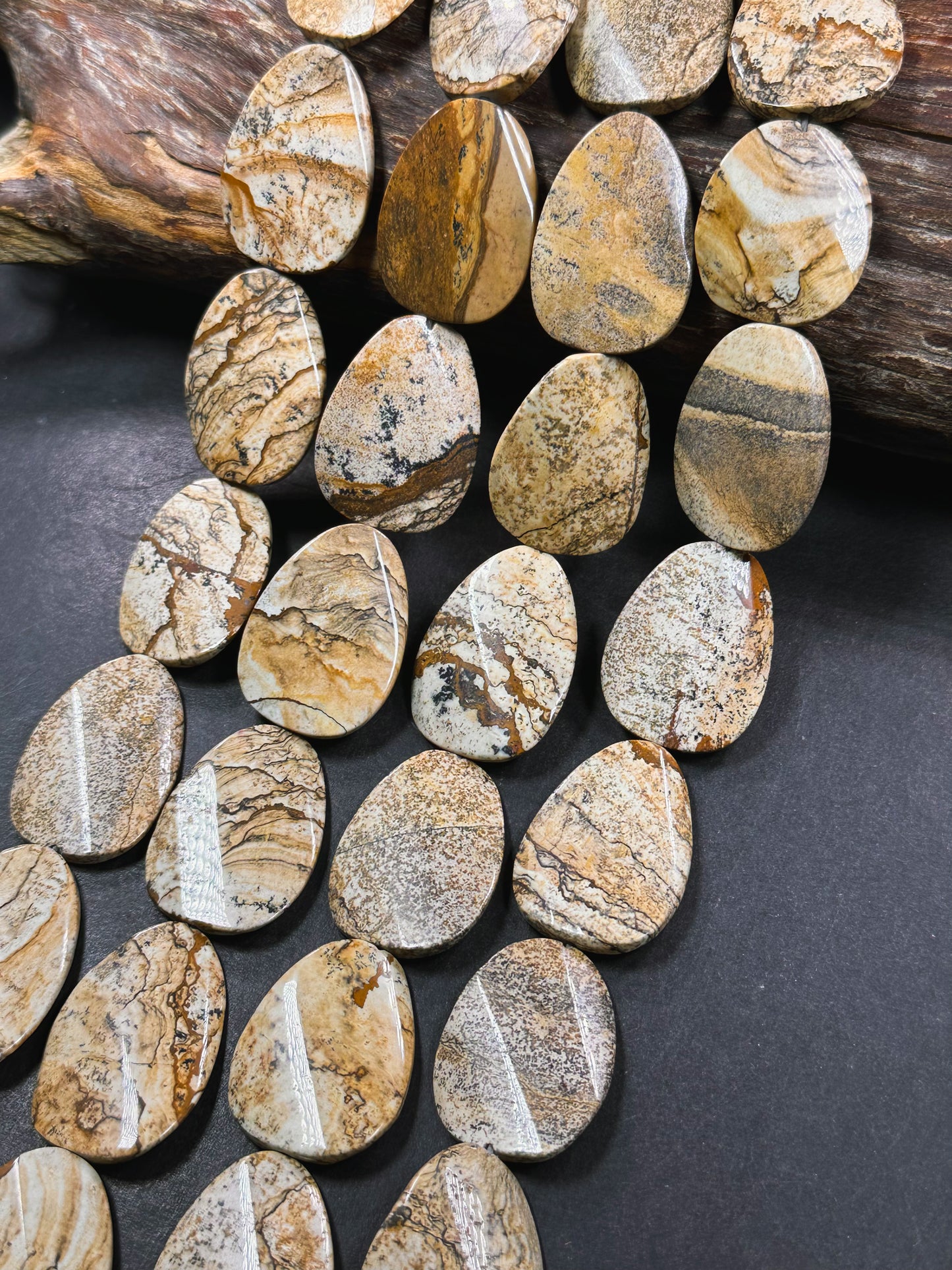 Natural Picture Jasper Gemstone Bead 28x20mm Curved Oval Shape, Beautiful Natural Brown Beige Color Picture Jasper Bead, Full Strand 15.5"