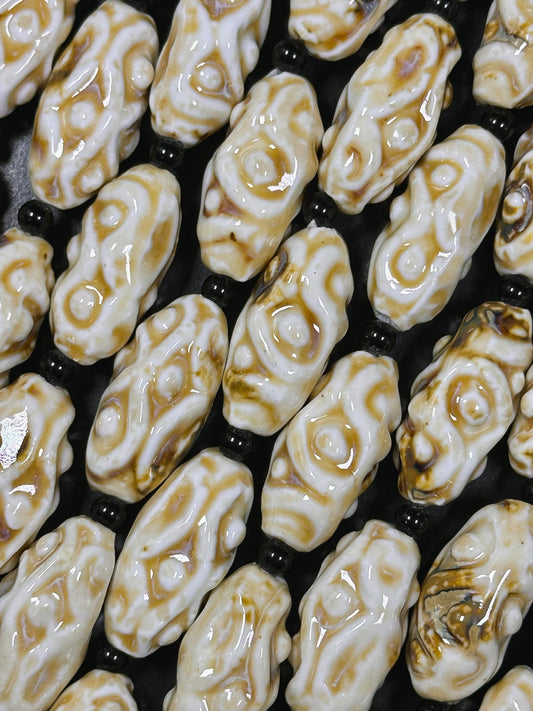 Beautiful Hand Painted Porcelain Beads, 35x16mm Unique Hand Painted Porcelain Barrel Shape Beads, Gorgeous Beige Color Porcelain Bead 9"