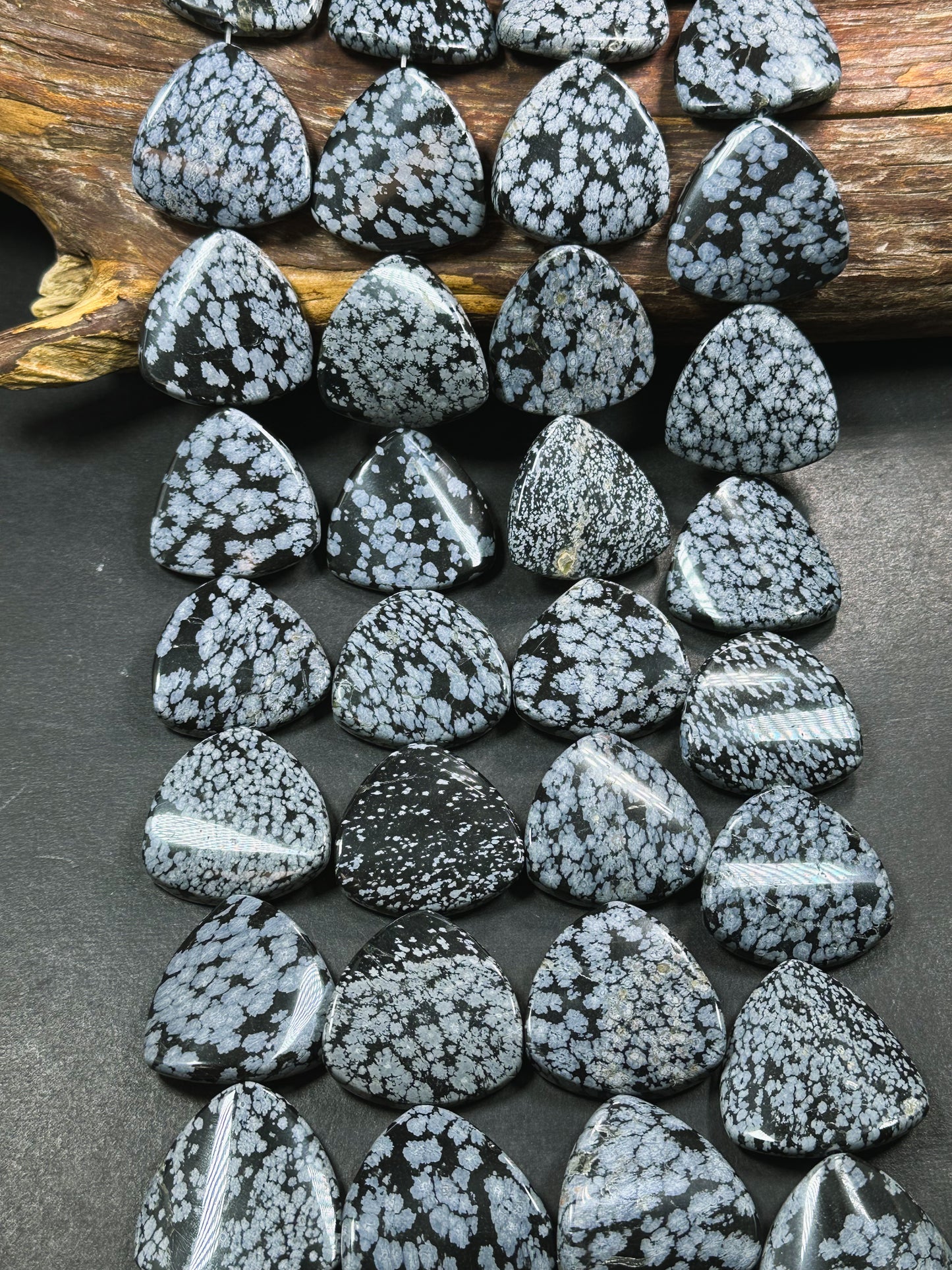 Natural Snowflake Obsidian Gemstone Bead 35mm Curved Triangle Shape, Natural Black Gray Color Snowflake Obsidian Beads, Full Strand 15.5"