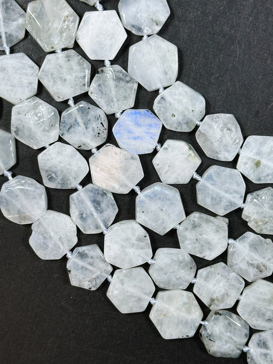 Natural White Moonstone Gemstone Bead 14mm Hexagon Shape Bead, Beautiful Natural White Blue Flash Moonstone Beads Great Quality 15.5" Strand