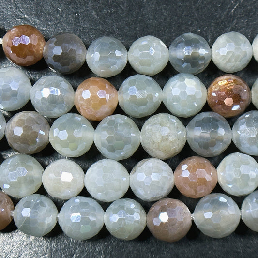 Mystic Natural Multi Moonstone Gemstone Bead Faceted 6mm 8mm Round Bead, Beautiful Gray Brown White Color Mystic Moonstone Bead 15.5" Strand