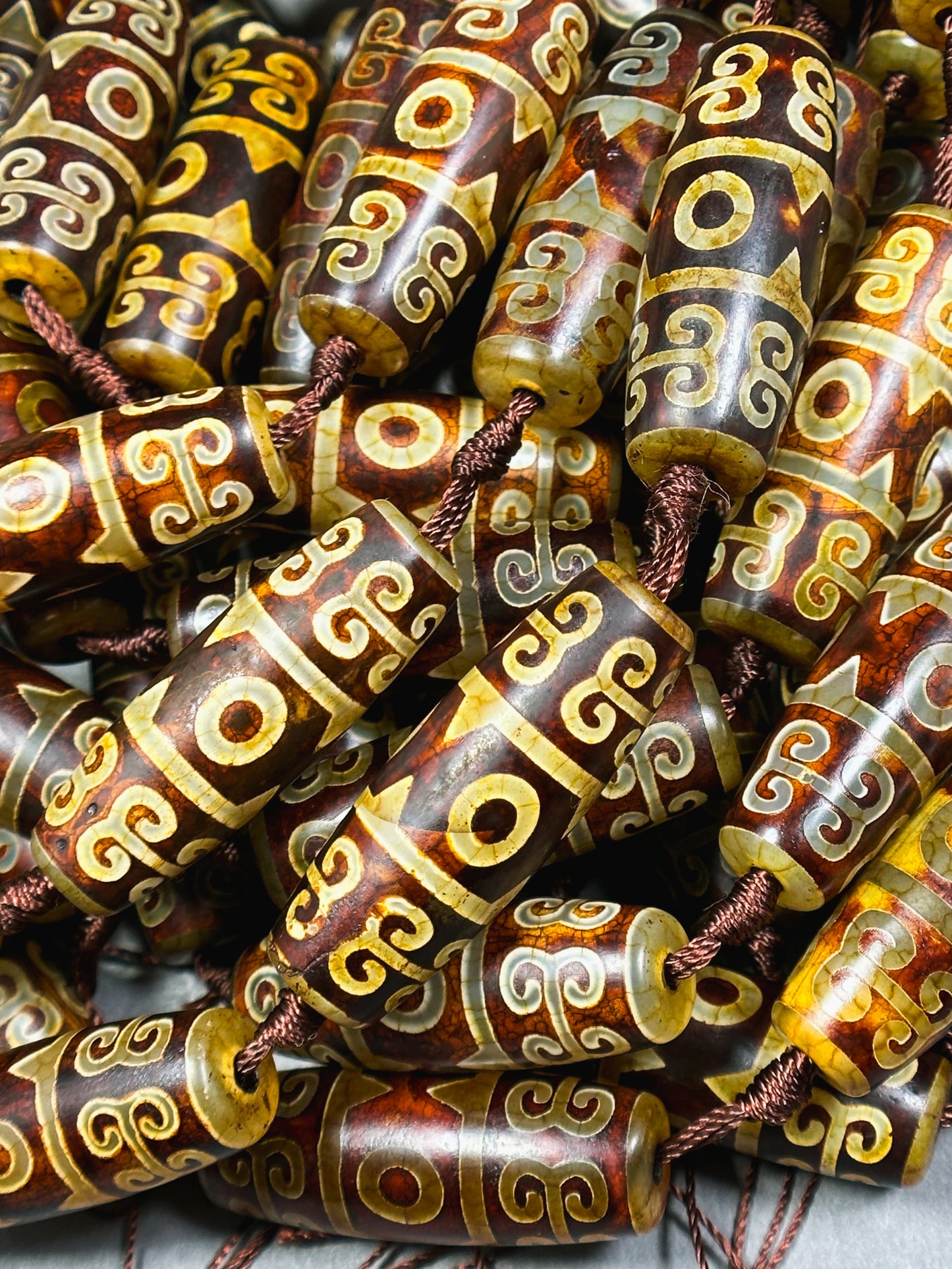 Natural Tibetan Gemstone Bead 39x13mm Barrel Shape Bead, Beautiful Brown Hand Painted Design Tibetan Beads, Great Quality Full Strand 15.5"