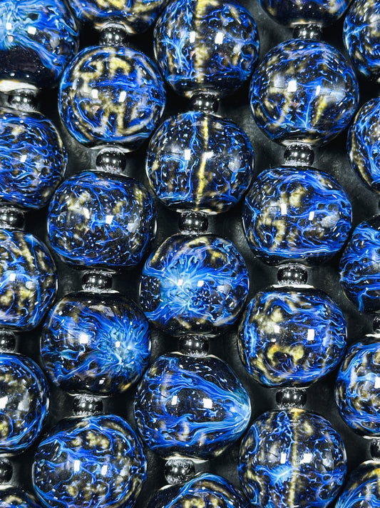 Beautiful Hand Painted Porcelain Beads, 20x22mm Unique Hand Painted Porcelain Round Shape Beads, Gorgeous Blue Color Porcelain Bead 8"