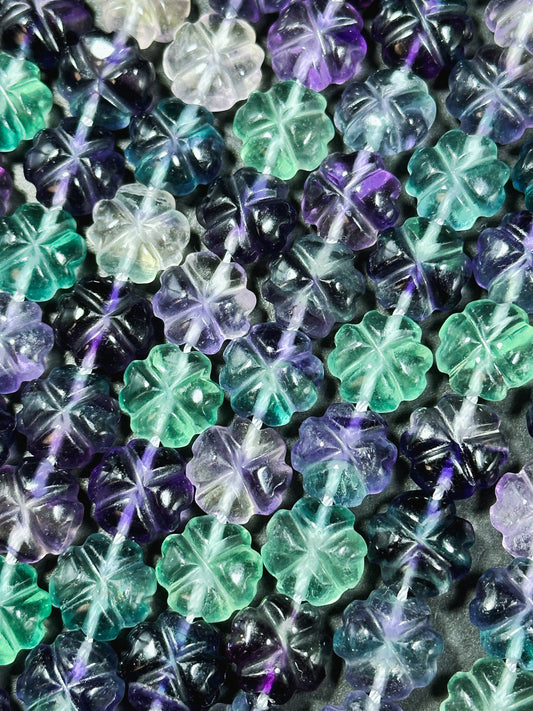 AAA Natural Fluorite Gemstone Bead, Hand Carved 12mm Flower Shape Bead, Beautiful Natural Purple Green Color Fluorite Bead Full Strand 15.5"