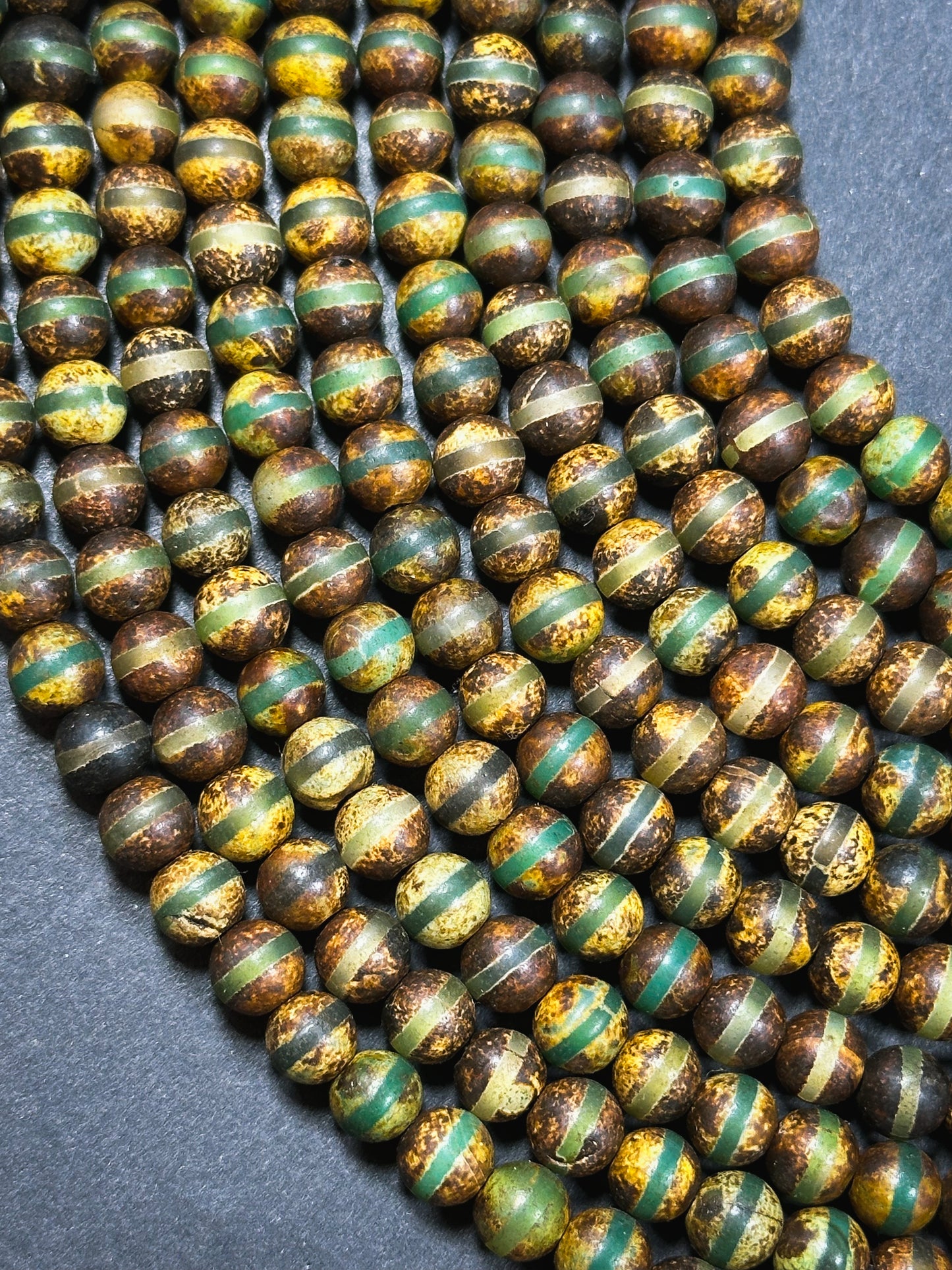 Natural Tibetan Agate Gemstone Bead 6mm Round Beads, Beautiful Brown Green Line Design Tibetan Agate Gemstone Beads, Full Strand 15.5”