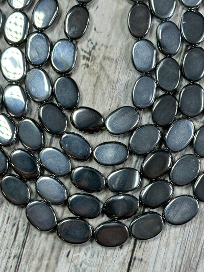 Natural Hematite Gemstone Bead 14x10mm Oval Shape Bead, Beautiful Metallic Gray Color Hematite Gemstone Beads, Full Strand 15.5"