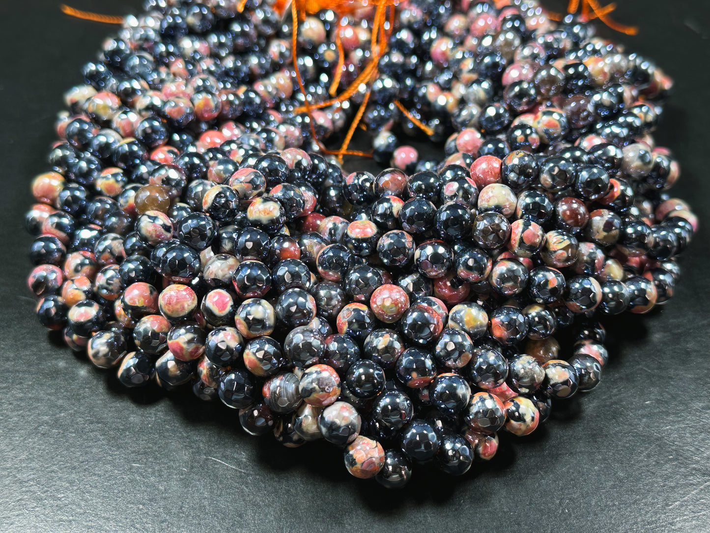 Mystic Natural Tibetan Agate Gemstone Bead Faceted 8mm 10mm Round Beads, Beautiful Mystic Orange Black Agate Stone Beads, Full Strand 15.5"