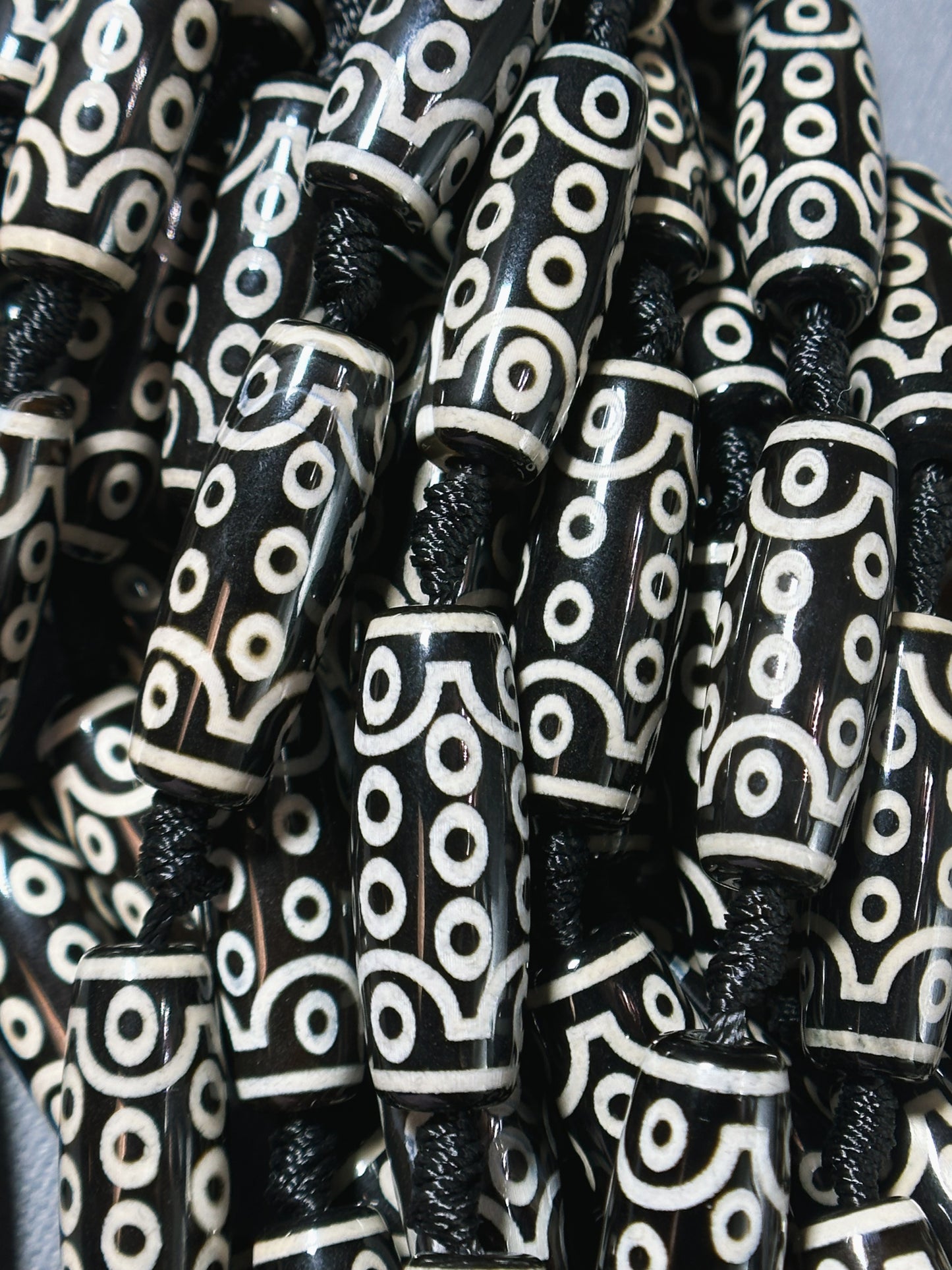 Natural Tibetan Gemstone Bead 29x10mm Barrel Shape Bead, Beautiful Black White Hand Painted Unique Design Tibetan Bead, Full Strand 15.5"