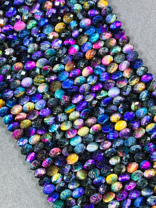 Beautiful Galaxy Tiger Eye Gemstone Bead Faceted 8x5mm Rondelle Shape, Gorgeous Rainbow Multicolor Galaxy Tiger Eye Beads Full Strand 15.5"