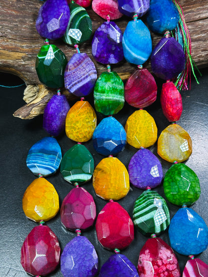 Natural Dragon Skin Agate Gemstone Bead Faceted 36x30mm Teardrop Shape, Beautiful Multicolor Rainbow Dragon Skin Agate Beads, 15.5" Strand