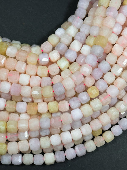 AAA Natural Morganite Gemstone Bead Faceted 8mm Cube Shape, Gorgeous Multicolor Pastel Pink Yellow Purple Morganite Beads, Excellent Quality
