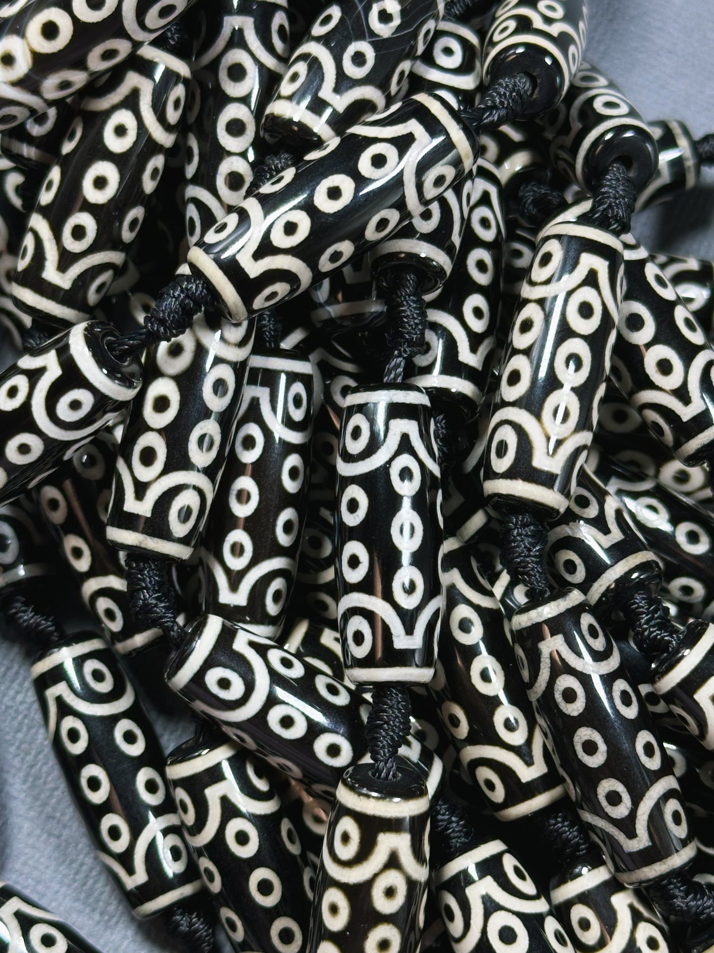 Natural Tibetan Gemstone Bead 29x10mm Barrel Shape Bead, Beautiful Black White Hand Painted Unique Design Tibetan Bead, Full Strand 15.5"