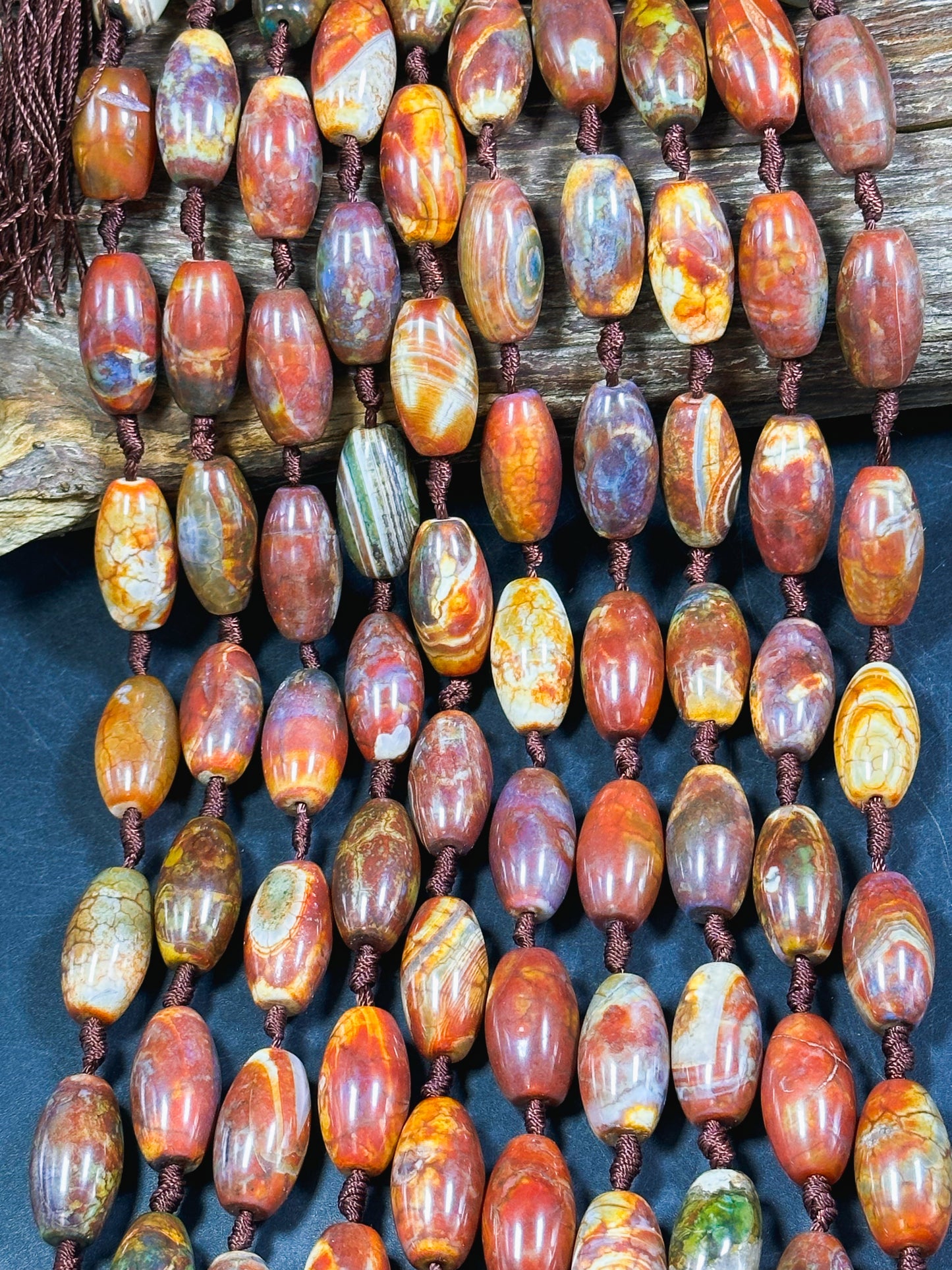 NATURAL Tibetan Agate Gemstone Bead 24x13mm Barrel Shape, Gorgeous Multicolor Orange Brown Color Tibetan Gemstone Bead Excellent Quality