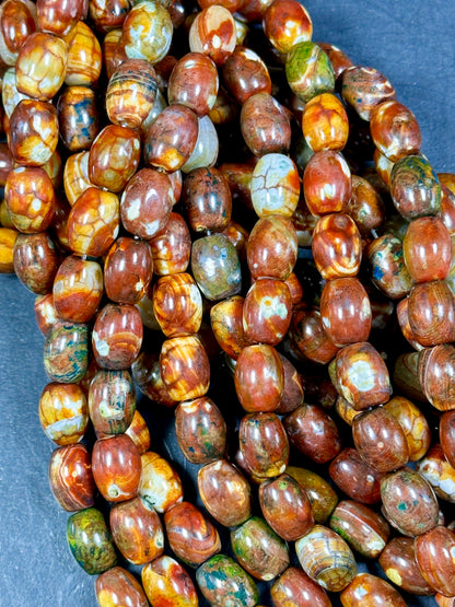 AAA NATURAL Tibetan Gemstone Bead 13x10mm Barrel Shape Bead, Gorgeous Multicolor Brown Orange Blue Color Tibetan Stone Beads Full Strand