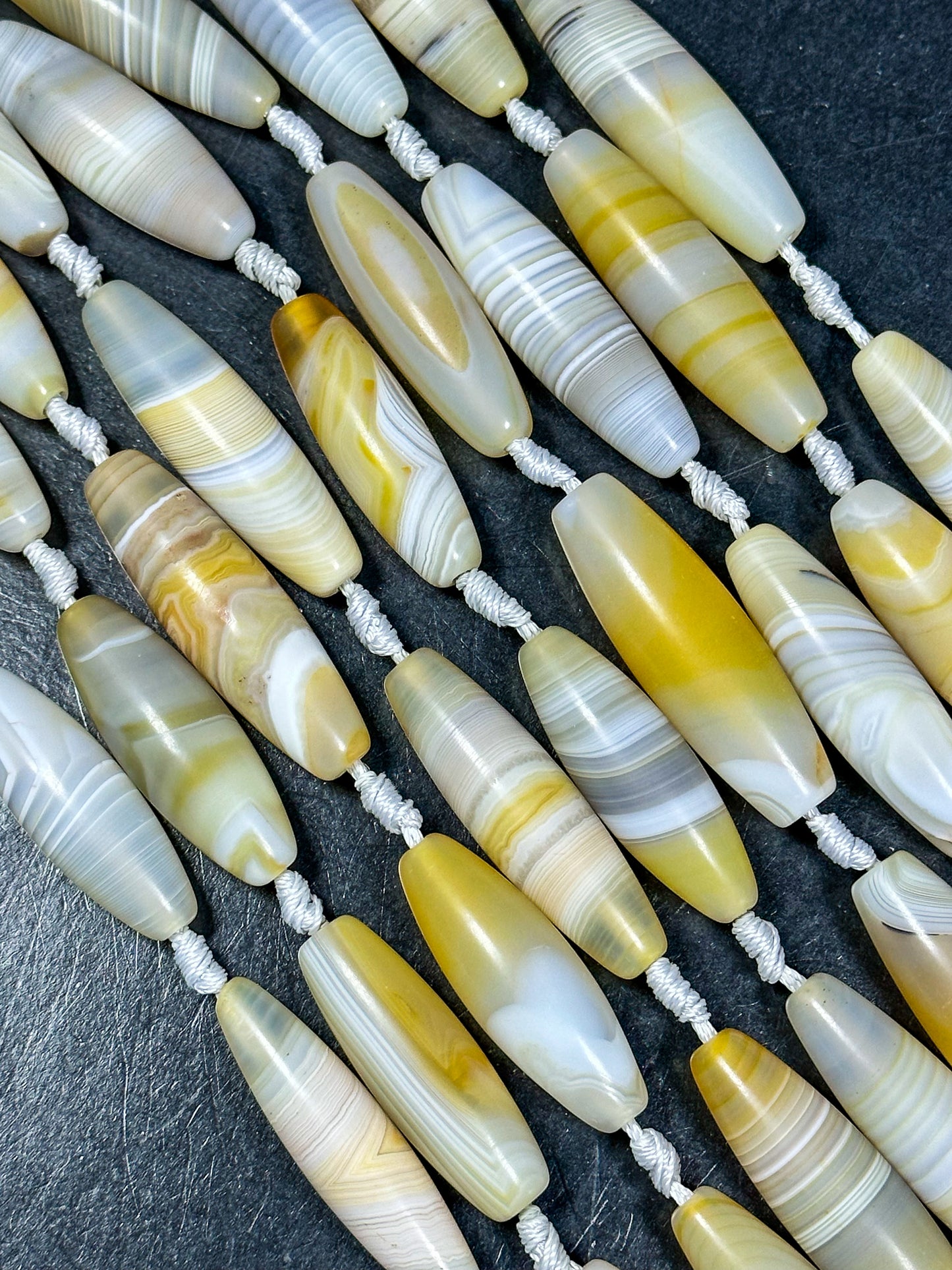 NATURAL Botswana Agate Gemstone Bead 38x12mm to 45x13mm Barrel Shape Beads, Beautiful White Yellow Color Botswana Beads Full Strand 15.5"