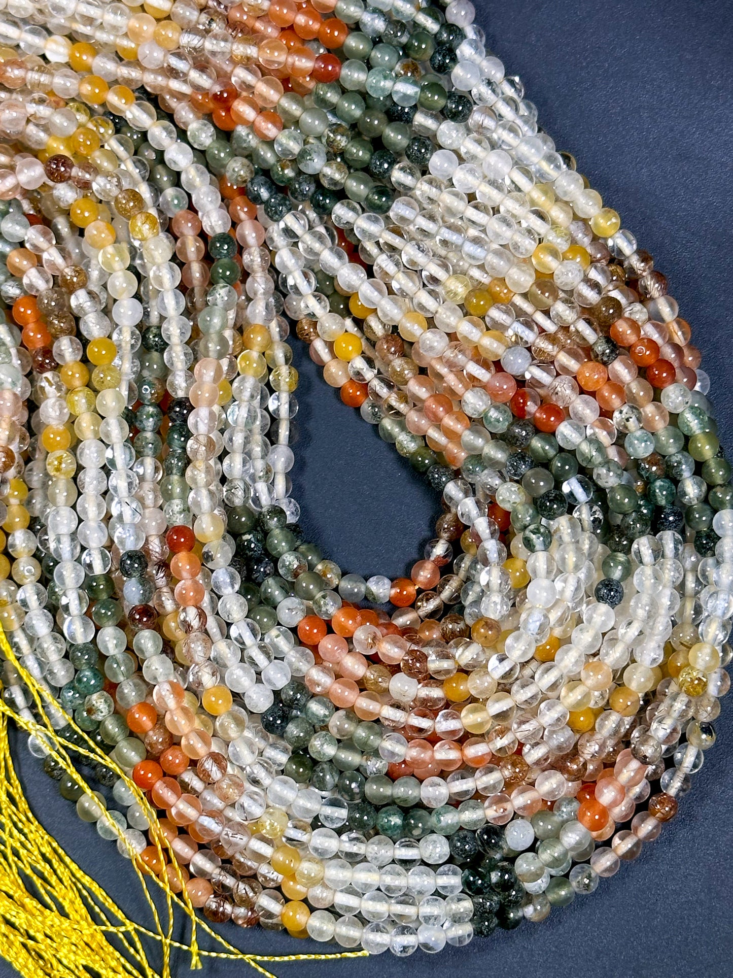 Natural Multi Rutilated Quartz Gemstone Bead 4mm Round Beads, Beautiful Multicolor Clear Yellow Orange Green Rutilated Quartz Beads 15.5"