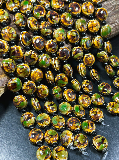 Beautiful Hand Painted Porcelain Beads, 15mm Unique Hand Painted Porcelain Coin Shape Beads, Gorgeous Green Brown Color Porcelain Bead 8"