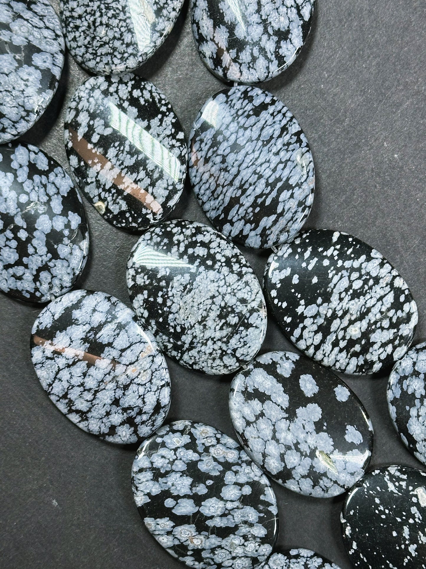 Natural Snowflake Obsidian Gemstone Bead 39x30mm Curved Oval Shape, Natural Black Gray Color Snowflake Obsidian Beads, Full Strand 15.5"