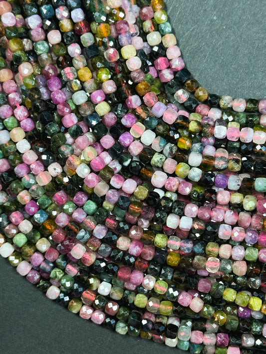Natural Tourmaline Gemstone Bead Faceted 4mm Cube Shape, Gorgeous Multicolor Tourmaline Gemstone Beads Excellent Quality Full Strand 15.5"