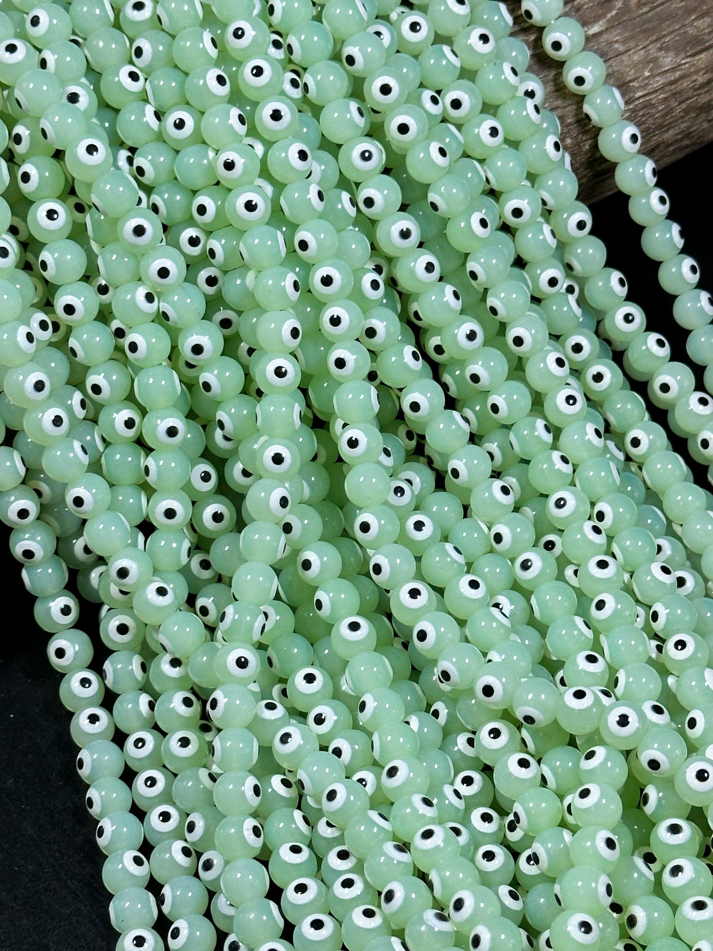 Beautiful Light Green Evil Eye Glass Beads 6mm 8mm Round Beads, Beautiful Light Green Evil Eye Amulet Glass Beads, Full Strand Glass Beads