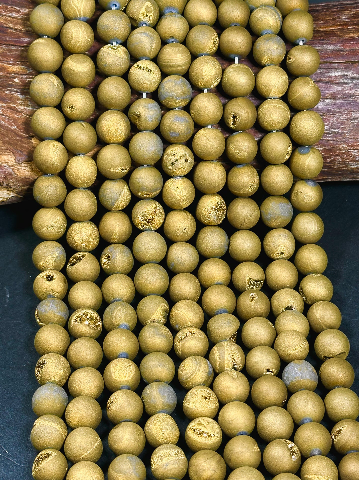 Natural Matte Druzy Agate Gemstone Beads 6mm 8mm 10mm 12mm Round Beads, Dark Yellow Brown Color Matte Druzy Agate Beads Full Strand 15.5"