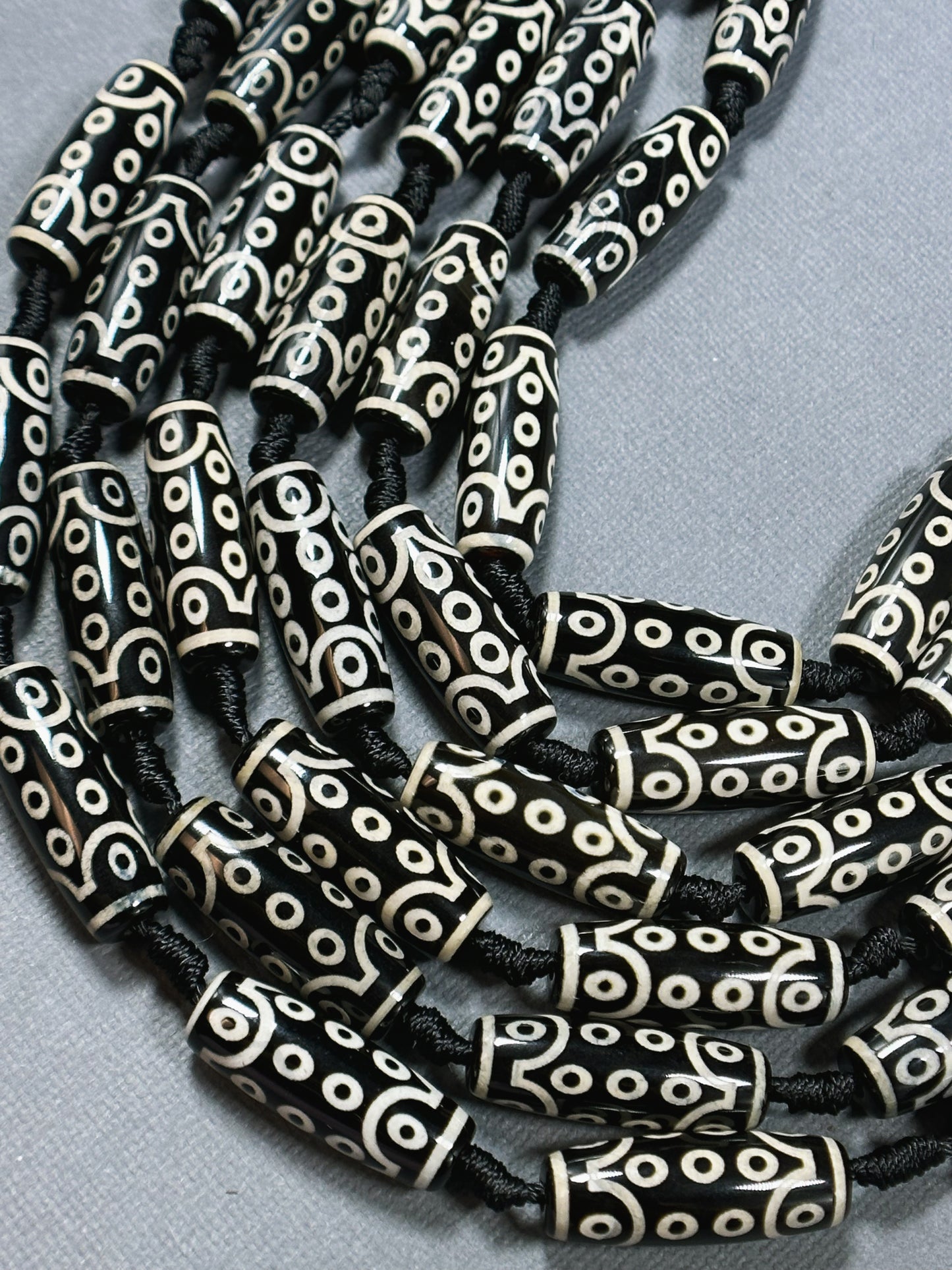 Natural Tibetan Gemstone Bead 29x10mm Barrel Shape Bead, Beautiful Black White Hand Painted Unique Design Tibetan Bead, Full Strand 15.5"