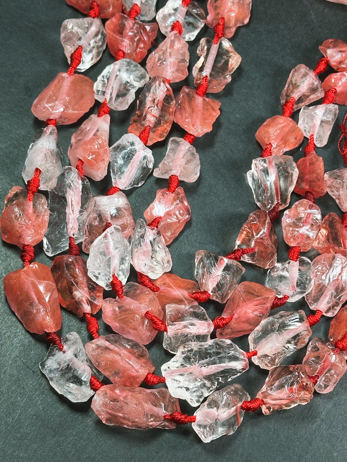 Natural Raw Watermelon Quartz Gemstone Bead Freeform Nugget Bead, Beautiful Watermelon Red Clear Color Rough Raw Quartz Bead, 15.5" Strand