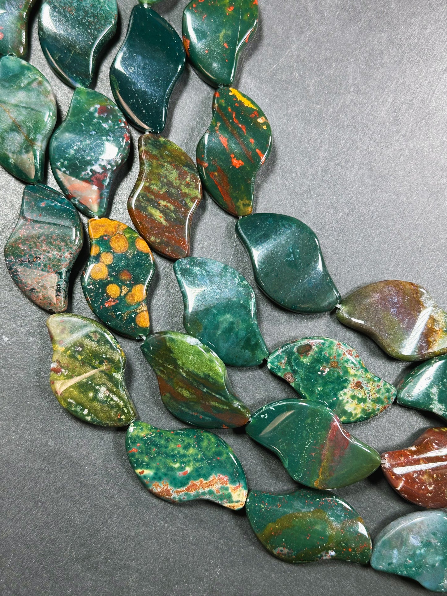 Natural Bloodstone Gemstone Bead 37x22mm Wave Shape, Beautiful Natural Dark Green Multicolor Bloodstone Gemstone Beads, Full Strand 15.5"