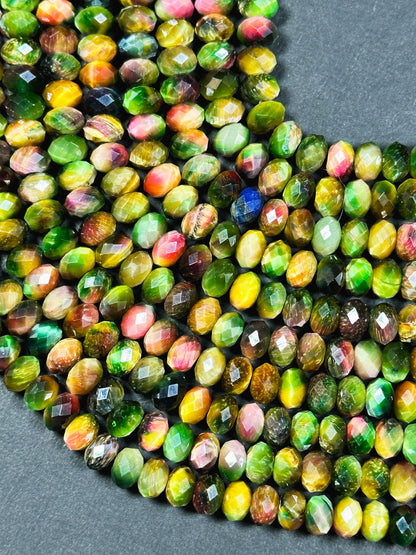 Beautiful Galaxy Tiger Eye Gemstone Bead Faceted 8x5mm Rondelle Shape, Gorgeous Multicolor Green Yellow Tiger Eye Beads Full Strand 15.5"