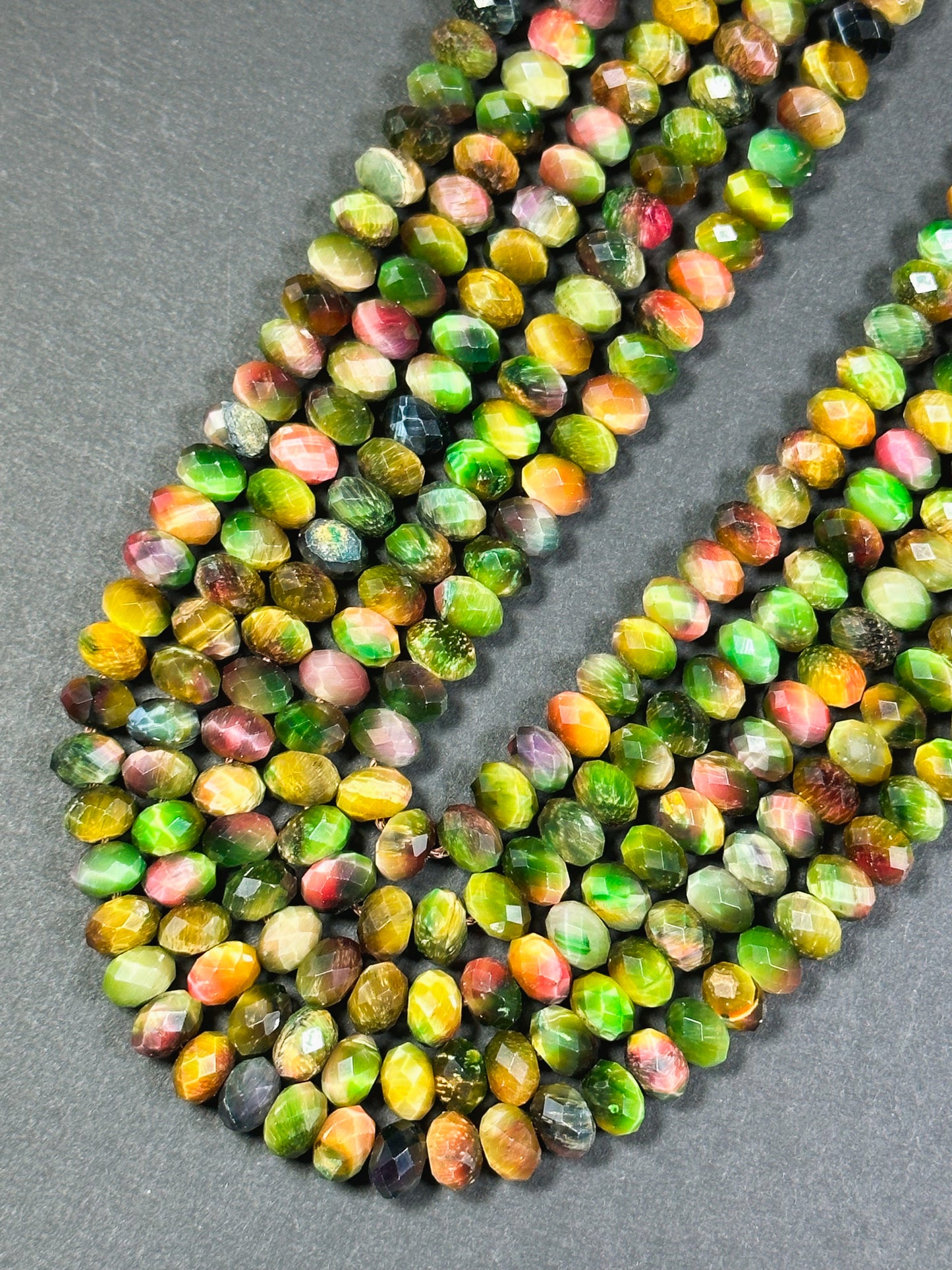 Beautiful Galaxy Tiger Eye Gemstone Bead Faceted 8x5mm Rondelle Shape, Gorgeous Multicolor Green Yellow Tiger Eye Beads Full Strand 15.5"