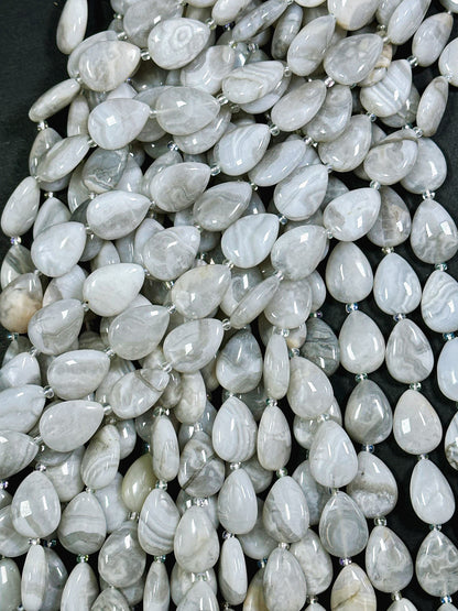 Natural White Lace Agate Gemstone Bead 18x13mm Teardrop Shape, Gorgeous White Gray Color Agate Gemstone Bead Great Quality Full Strand 15.5"